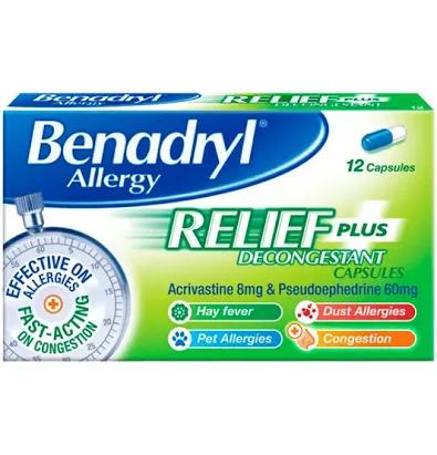 Benadryl Allergy Relief Plus Decongestant Capsules (12 capsules)