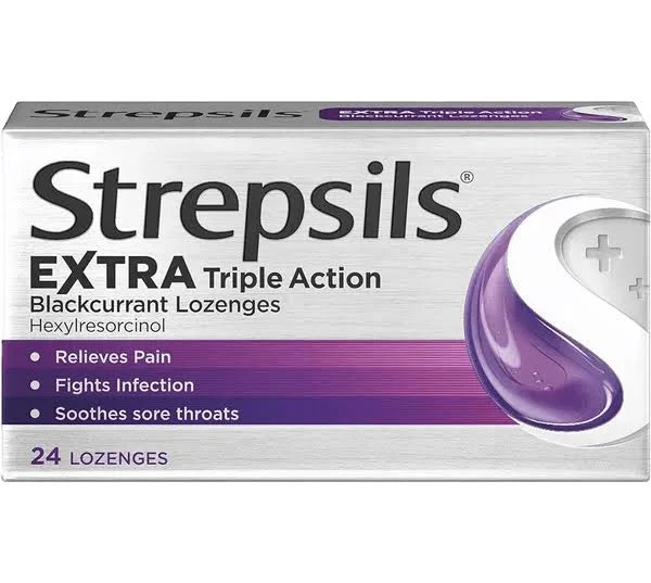 Strepsils Extra Triple Action Blackcurrant Lozenges (24 lozenges)